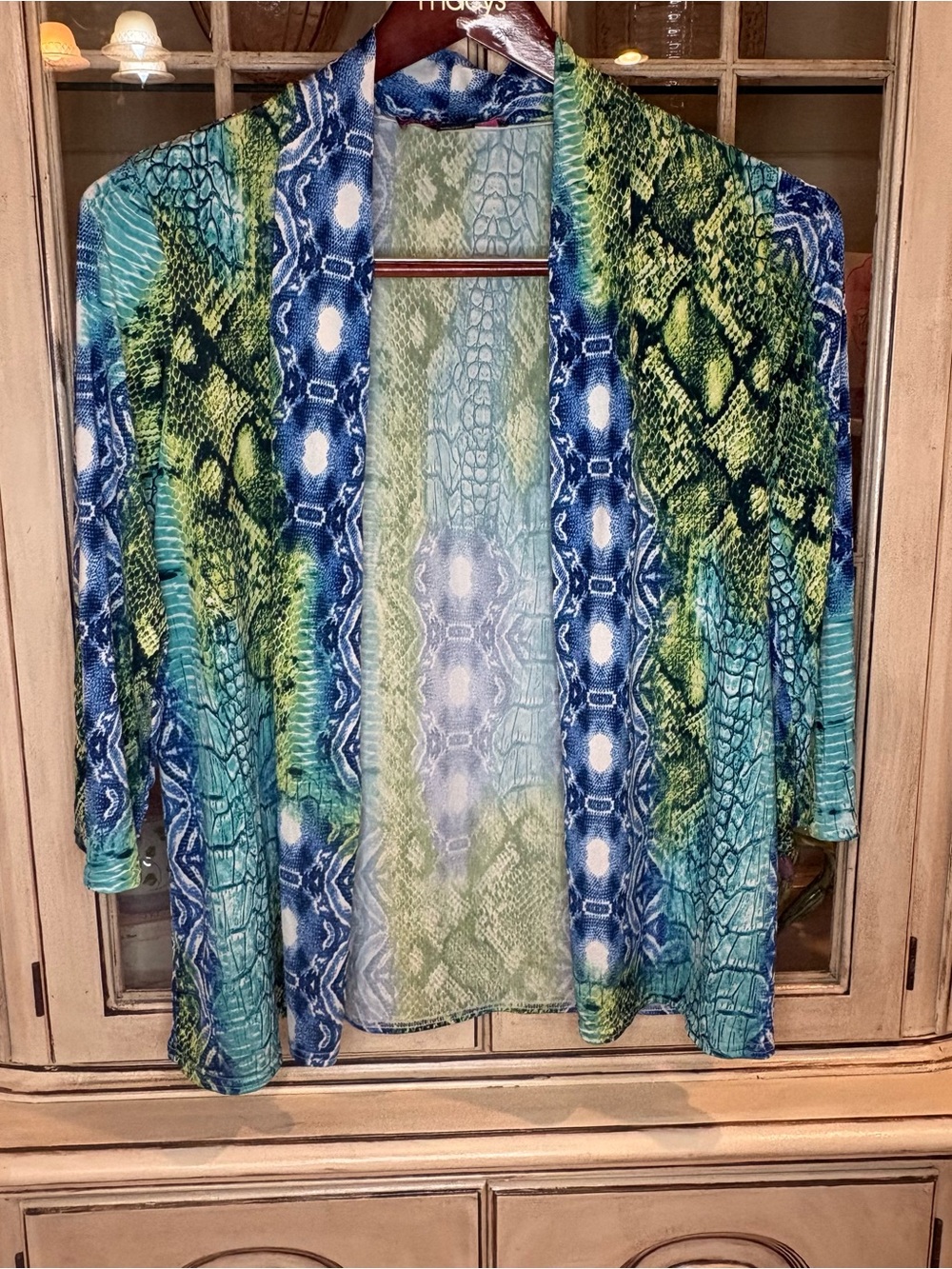 Peck & Peck Open-Front Snake-Print Cardigan in Blue & Green